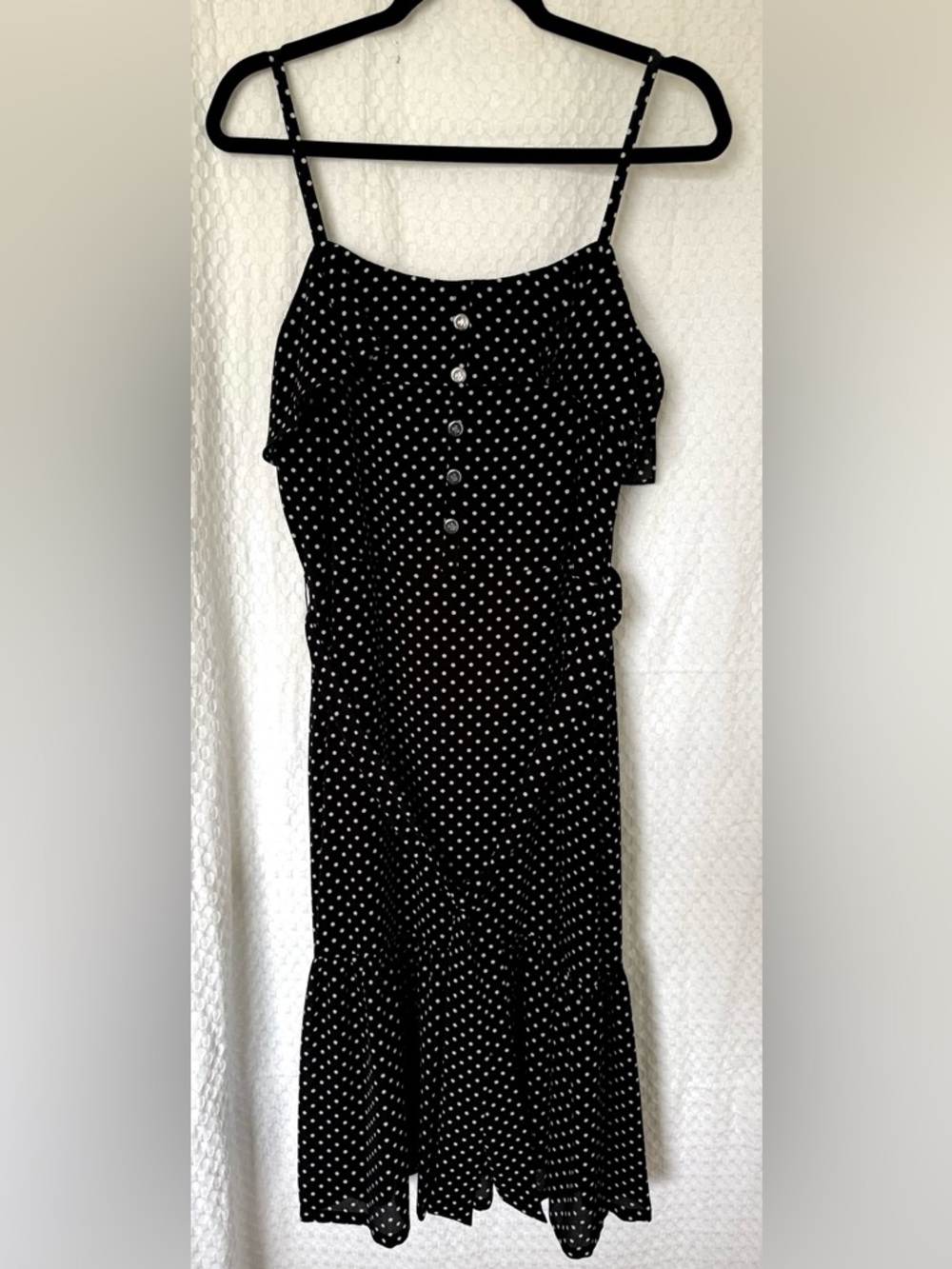 Lauren Ralph Lauren Black Polka Dot Midi Dress Sz. 12 NWT Spaghetti Strap Ruffle
